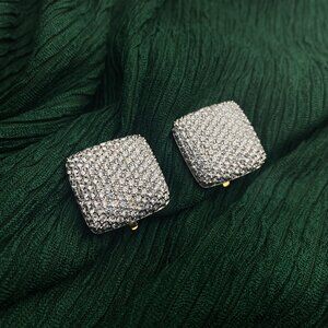 Swarovski Signed Pave Clear Rhinestone Large Chunky Square Gold Clip Earrings